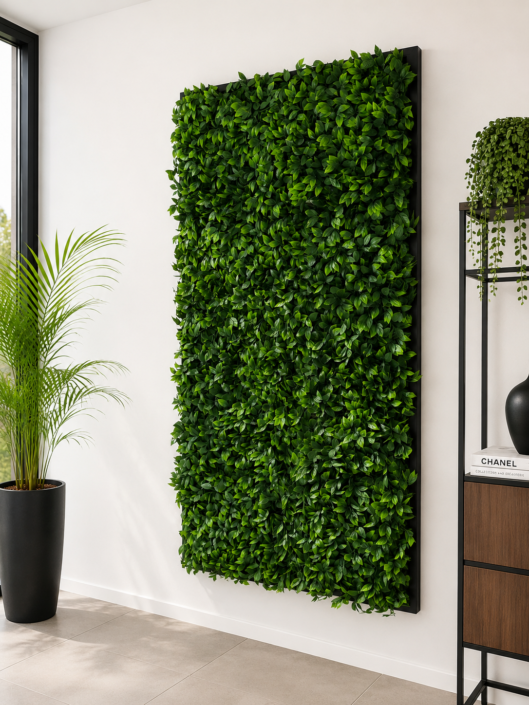 Quadro Vegetale Artificiale 200x100 cm con Cornice in Ferro Nera – Parete Verde Decorativa