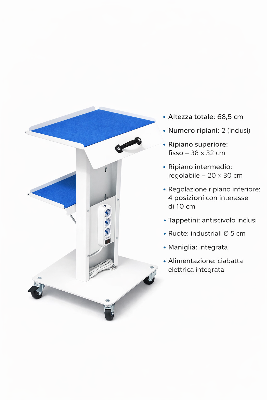 Tecnokit Carrello medico con Ripiano Regolabile, Tappetini Antiscivolo e Ciabatta elettrica Integrata