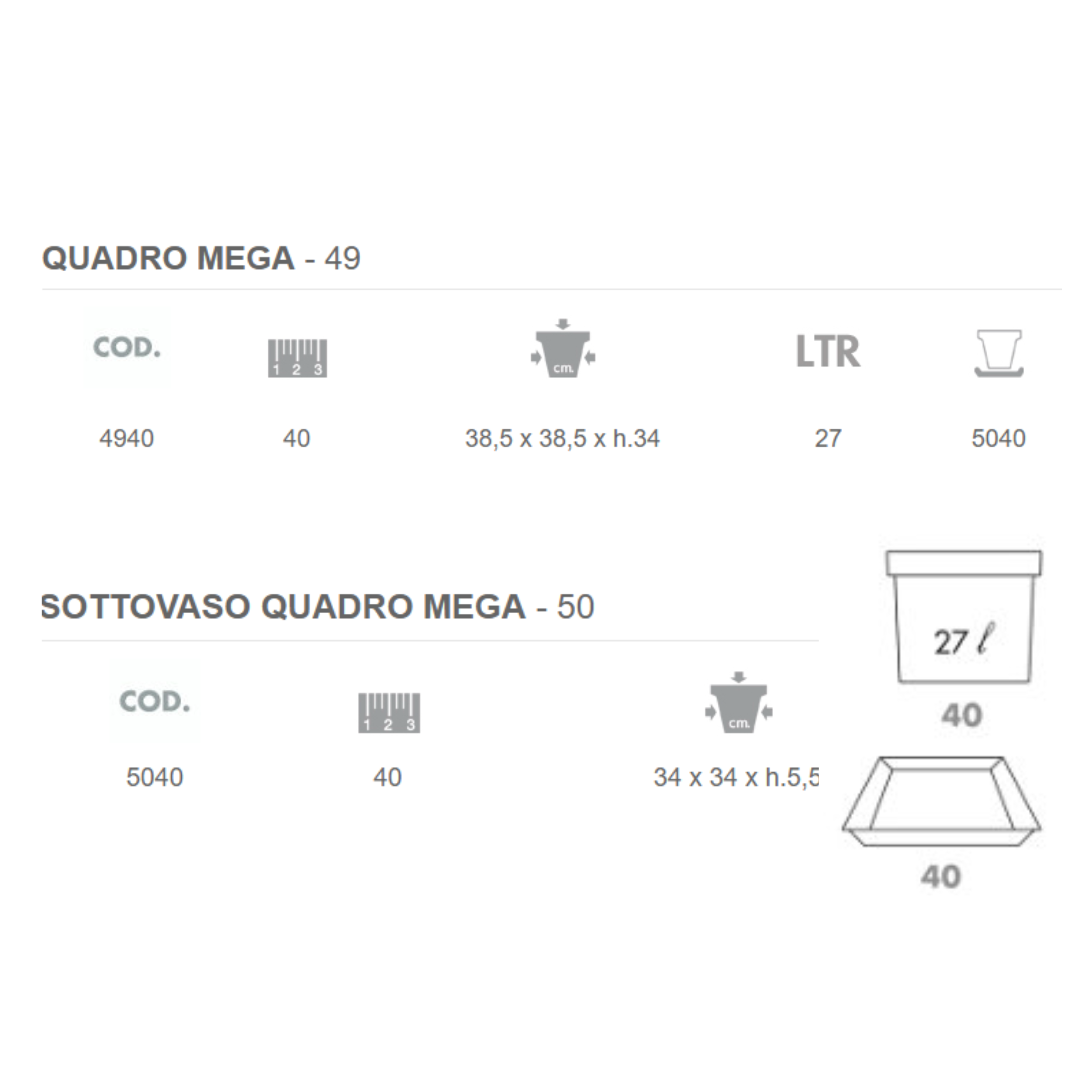 Nicoli Vaso Mega Quadrato cm 38x38x34 con sottovaso cm 34x34x5