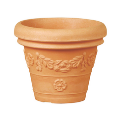 Tera vaso grande festonato anticato in resina, vaso grande effetto terracotta con decori, per interno ed esterno