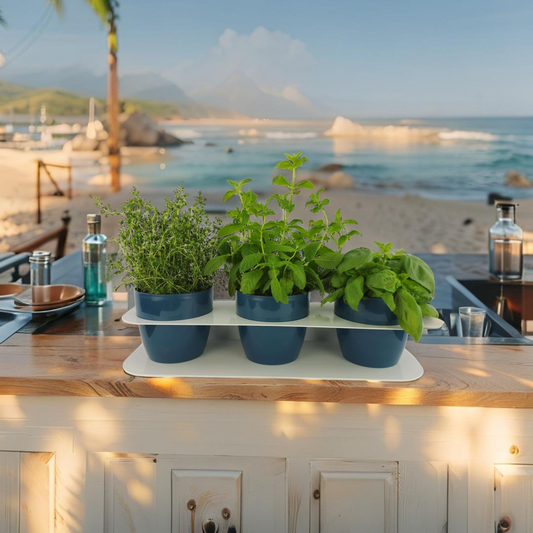 Porta piante aromatiche in metallo cm 58x18x10 da bancone e muro vasi inclusi