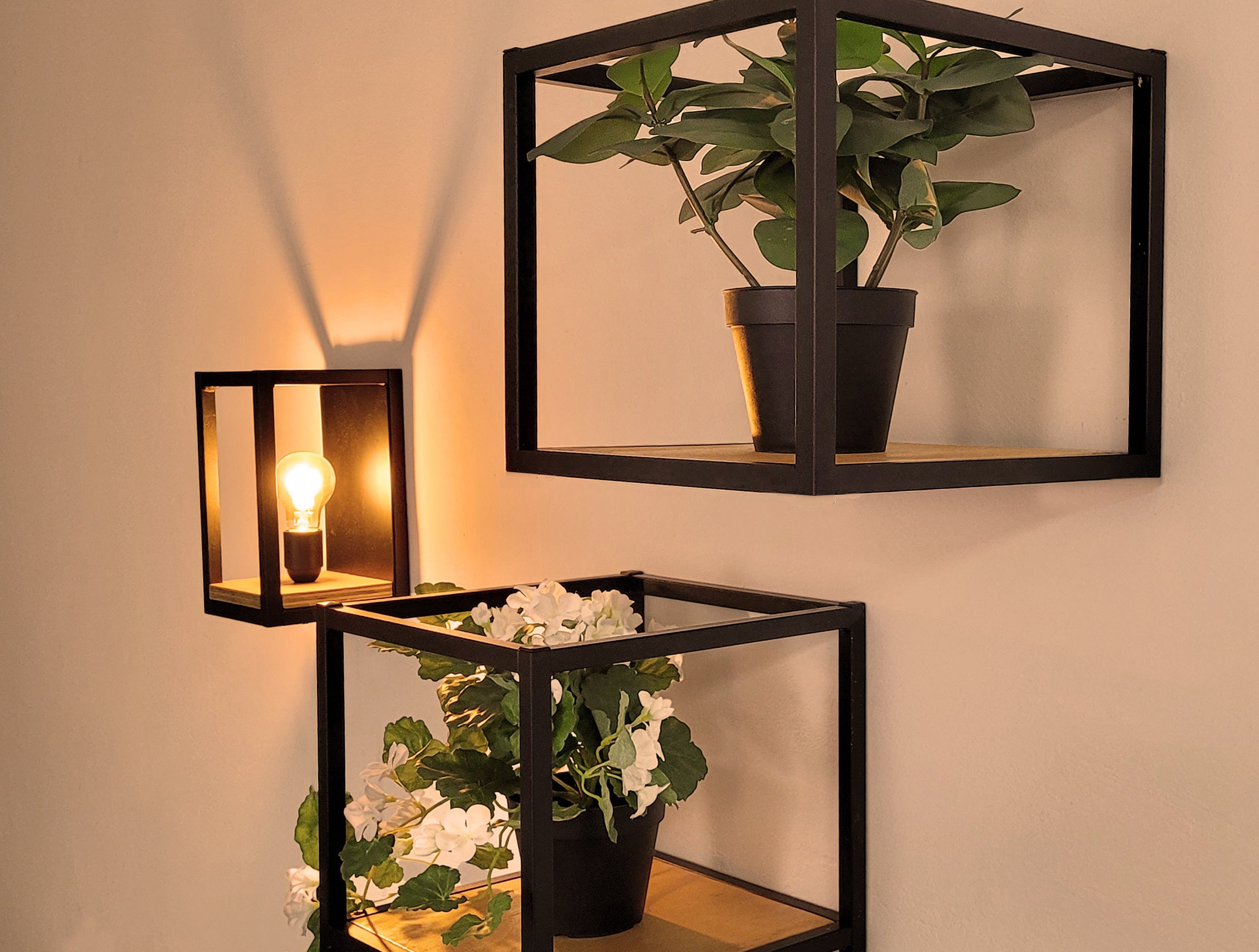 Mensola da parete Kubho in acciaio e legno cm 29x29x26 h