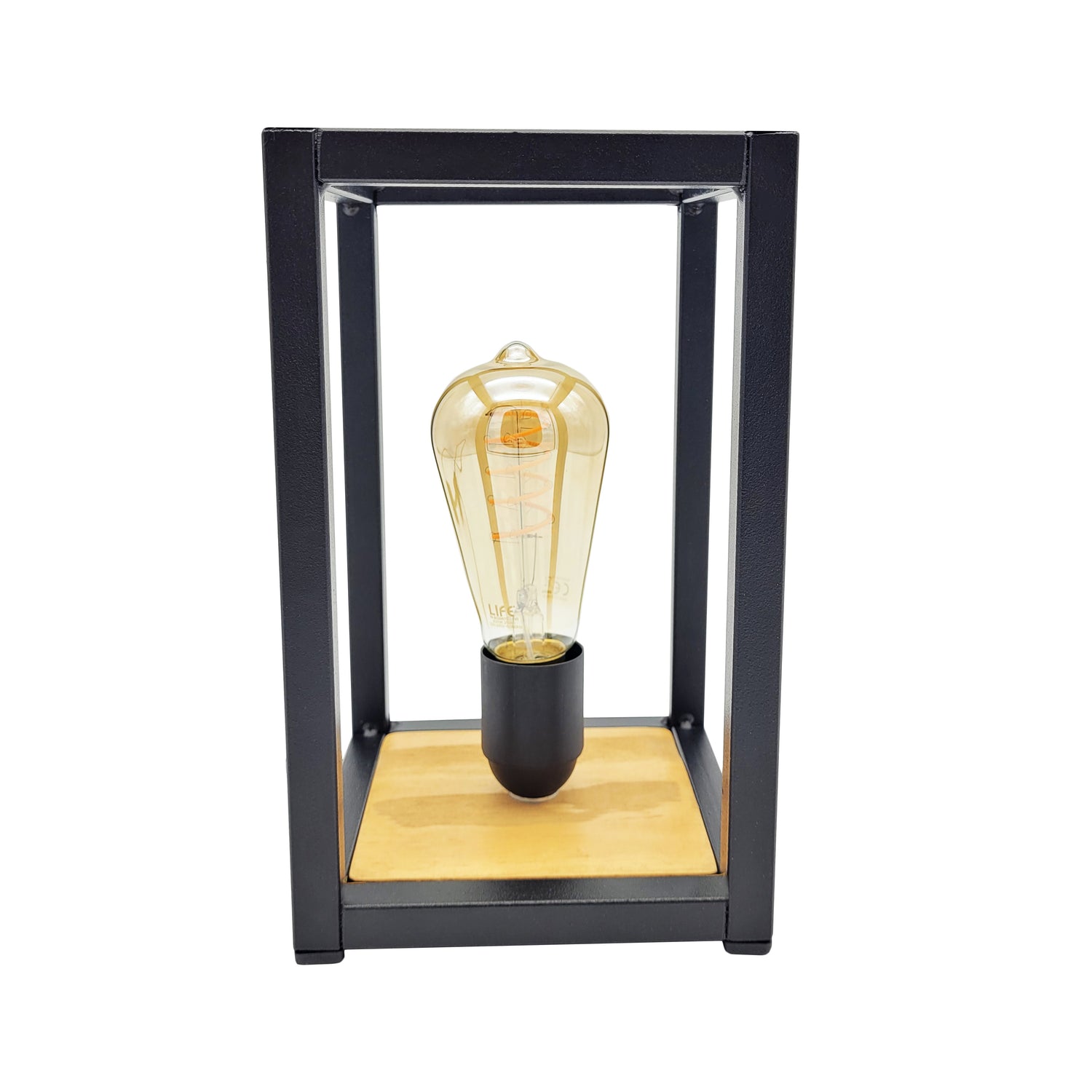 Huri - Lampada da tavolo comodino in metallo e legno, nera, cm15x15x25 per ufficio, salotto, camera da letto, negozio