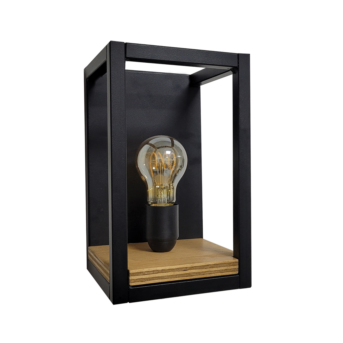 Horid - Lampada da parete industrial metallo e legno colore nero, lampada fissaggio a muro con tasselli cm15x15x25