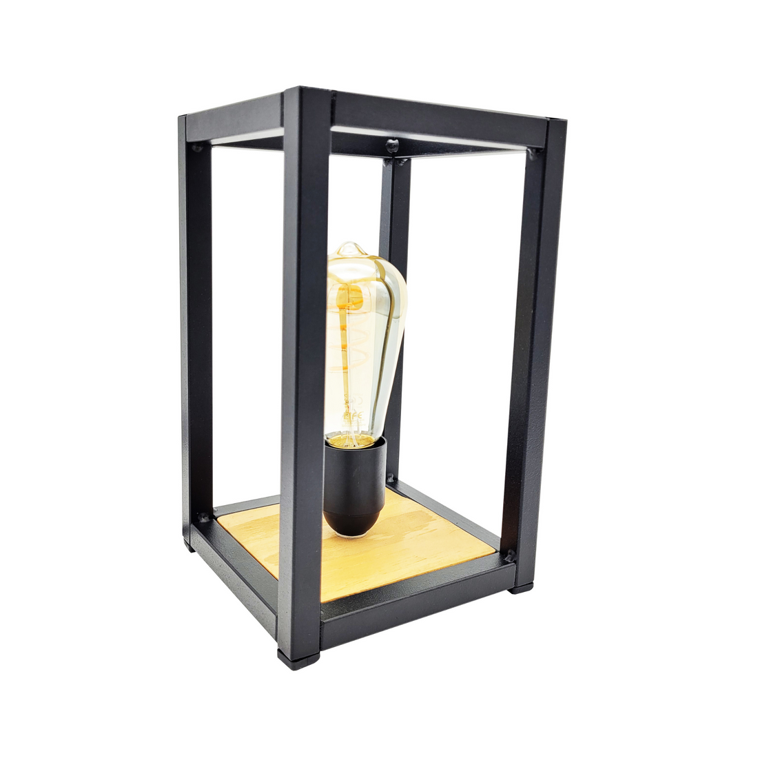 Huri - Lampada da tavolo comodino in metallo e legno, nera, cm15x15x25 per ufficio, salotto, camera da letto, negozio