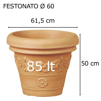 Tera vaso grande festonato anticato  in resina, vaso grande effetto terracotta con decori, per interno ed esterno