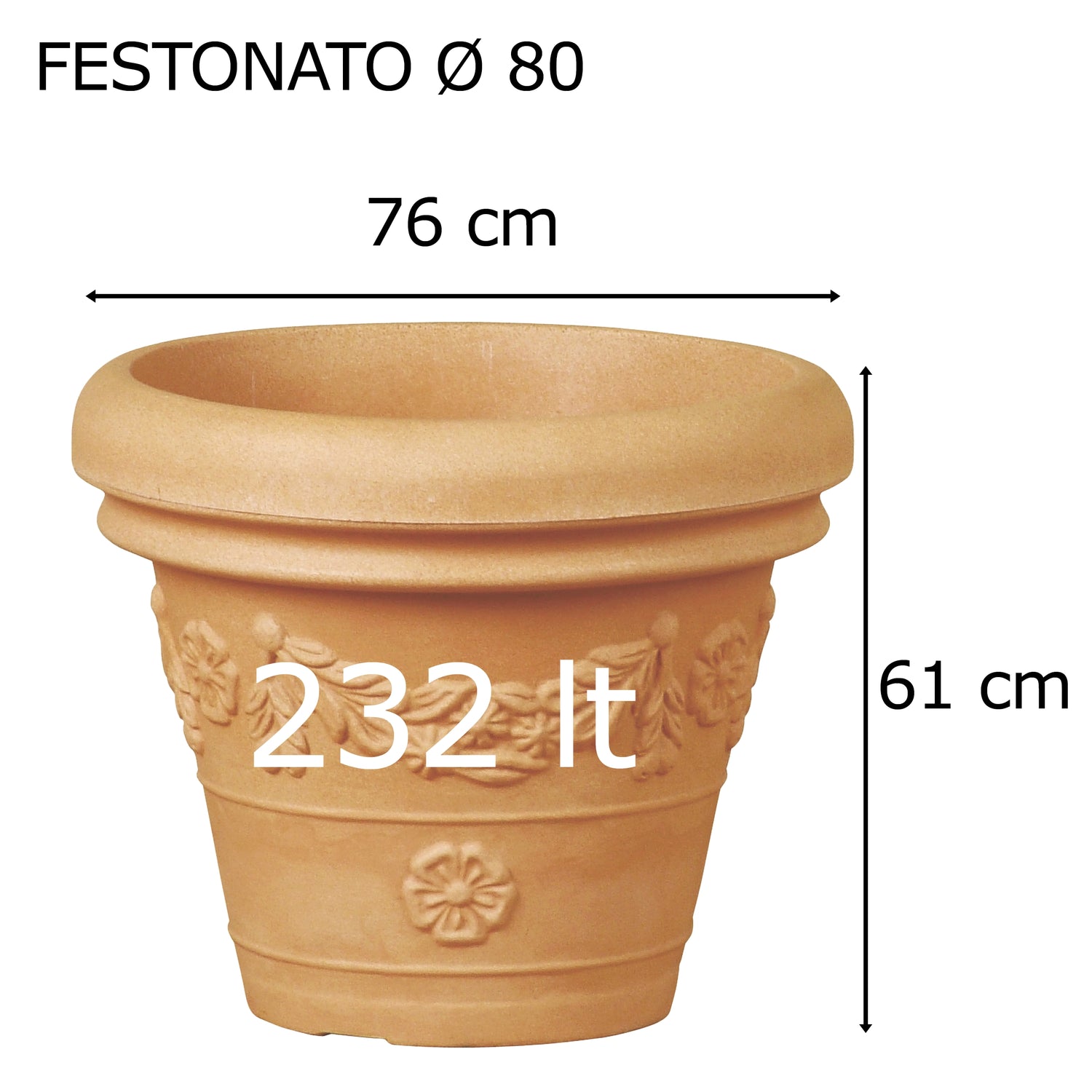 Tera vaso grande festonato anticato  in resina, vaso grande effetto terracotta con decori, per interno ed esterno
