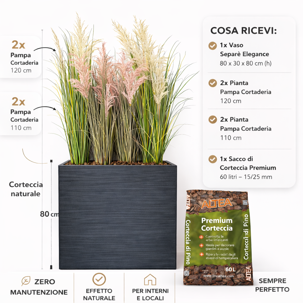 Separè Vaso Elegance completo di Piante Pampa Artificiali e Corteccia – Soluzione Divisoria Elegante