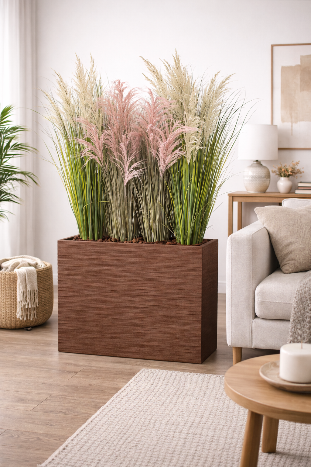 Separè Vaso Elegance completo di Piante Pampa Artificiali e Corteccia – Soluzione Divisoria Elegante