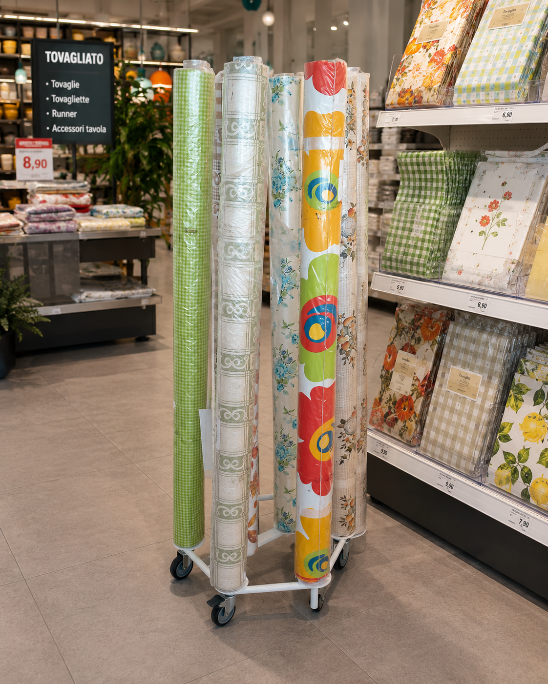 Tecnokit Espositore per Tovagliato Verticale 70x70x50 cm – 8 Postazioni con Ruote Industriali 80 mm